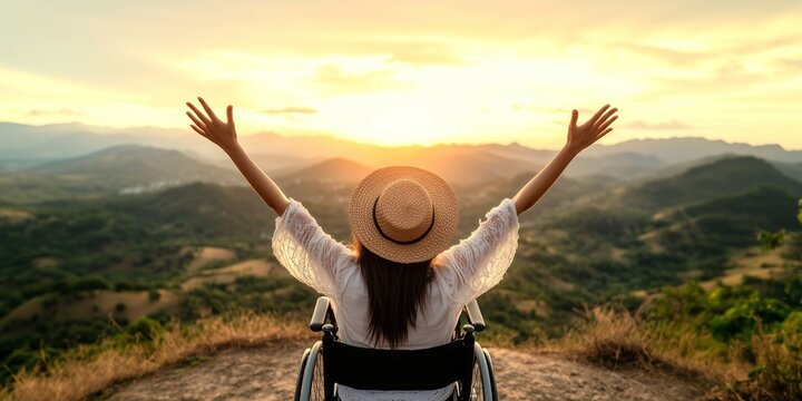 Uplifting, motivational portrait of a happy disabled person in a wheelchair manifesting positivity and zest for life - Young woman with straw hat on a stunning hilltop lookout point at sunset