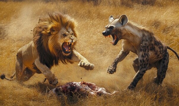 A lion and hyena fight over a carcass.