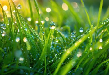 Fototapeta premium vivid microscopic view glimmering morning dew drops lush green grass blades radiating dappled sunrise light, droplets, greenery, sunlight, vibrancy