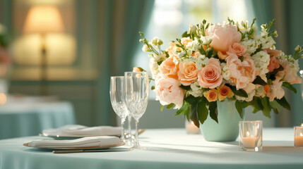 Fototapeta premium Elegant floral arrangement on a beautifully set dining table