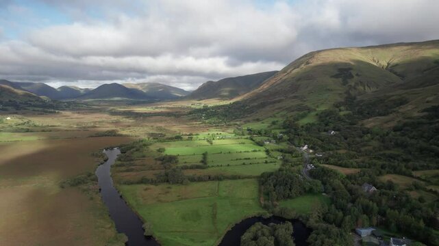 Spectacular 4K aerial footage of mountain valley from above with scenic mountains and countryside,  Maam west, Connemara, Galway, Ireland