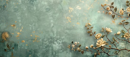 Elegant and romantic floral watercolor painting featuring delicate blooms leaves and branches against a moody textured background with a aesthetic  The image has a soft dreamlike and a botanical
