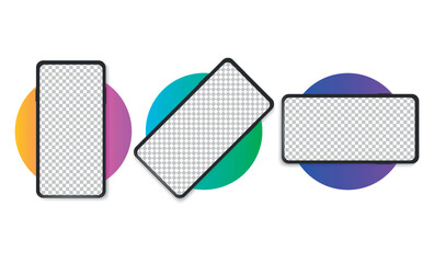 3d realistic mobile phone mockup from different angles. Smart device collection with thin frame and blank screen isolated on transparent. Vector template for present site, app or ux design.