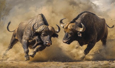 Two buffalo charging in the dust.