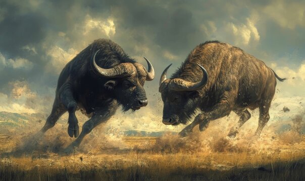 Two buffalo charge in a dusty field.