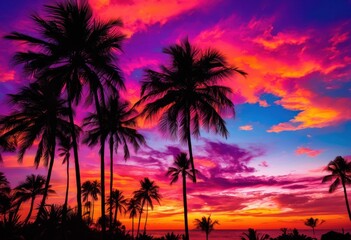 Obraz premium vibrant silhouettes palm trees set rainbow colorful backgrounds captivating summer vibes tropical designs, lgbtq, lgbt, pride, love, equality, beach, sunset