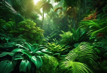 Fototapeta premium lush vibrant jungle foliage highlighting rich variety green textures nature enthusiasts botany lovers, canopy, tropical, vegetation, flora, paradise, growth