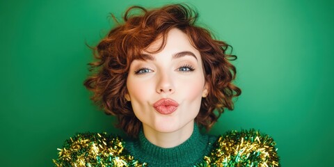 Woman blowing a kiss with playful expression, wearing green and gold tinsel for holiday fun.