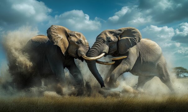 Two elephants fighting in a dusty field.