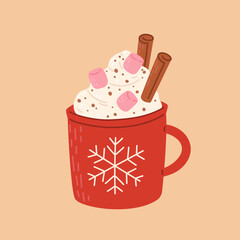 Christmas drink with marshmallow, cinnamon, chocolate chips, cream. Hot winter coffee, chocolate or tea in red mug. Cozy illustration in hand drawn flat style. Holiday design for print, poster, menu