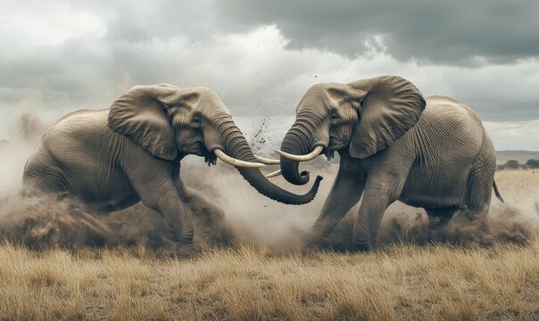 Two elephants fighting in a field of grass.