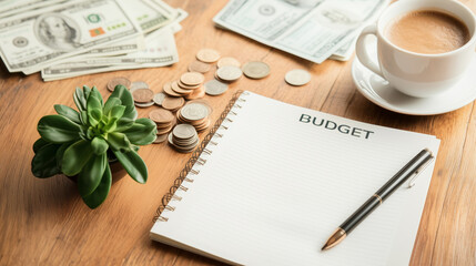 Budget planning with money, coins, and coffee on a wooden table