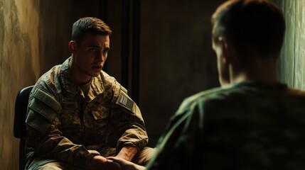 soldier in full camouflage uniform, sitting across from a civilian man in a dimly lit room