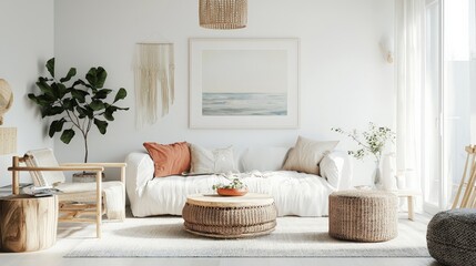 Obraz premium Airy Scandinavian interior with white walls and pops of muted colors