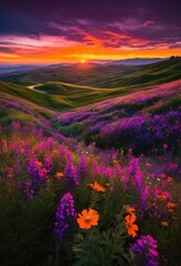 Fototapeta premium stunning vibrant landscapes showcasing lush scenery open road adventures under glowing sky, backroads, blooms, bold, bright, countryside, colors