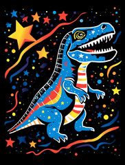Obraz premium Colorful kids' illustration of a dinosaur with stars and stripes, on a black background
