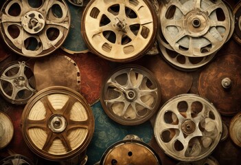 vintage film reels aesthetically arranged unique textured paper backgrounds nostalgic visual presentation, antique, art, class, collectible, composition