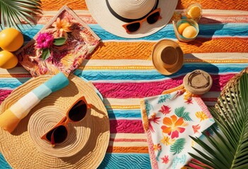 vibrant beach essentials sun soaked accessories arranged colorful flat lay stylish summer vibe, beachwear, flatlay, sand, towels, sunglasses, sunscreen