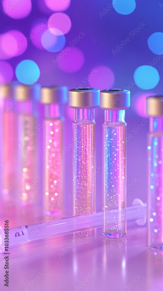Poster Syringes and vials neatly arranged in a laboratory setting for medical testing and research on a sterile backdrop Stock Photo with side copy space