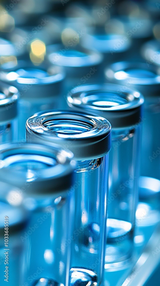 Poster Syringes and vials neatly arranged in a laboratory setting for medical testing and research on a sterile backdrop Stock Photo with side copy space