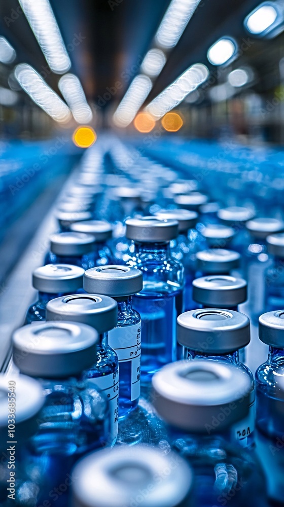 Poster Syringes and vials neatly arranged in a laboratory setting for medical testing and research on a sterile backdrop Stock Photo with side copy space