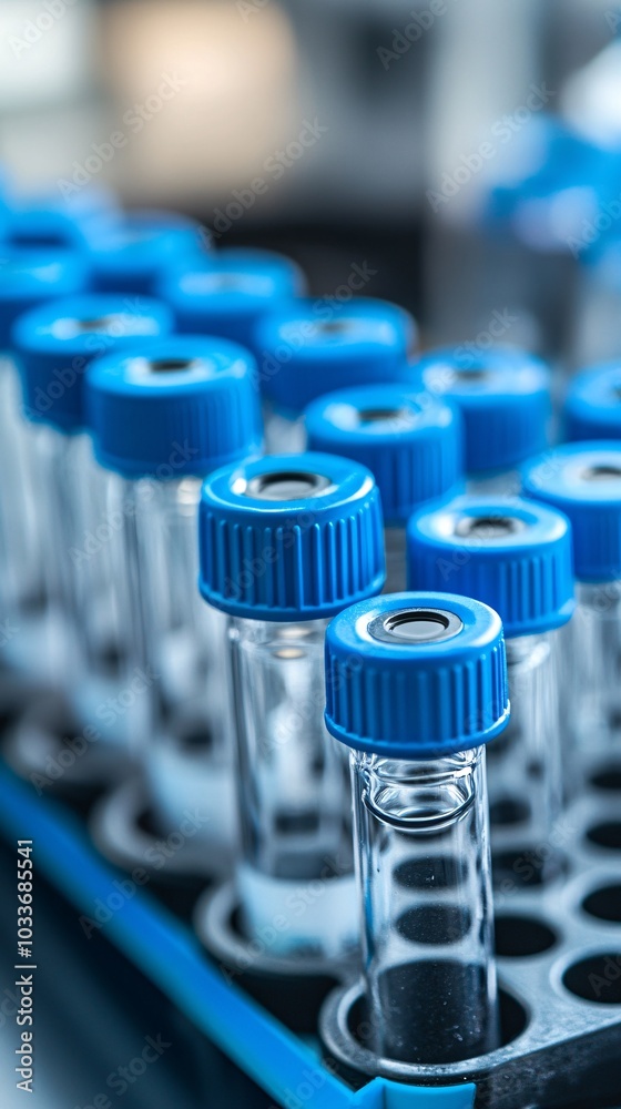 Poster Syringes and vials neatly arranged in a laboratory setting for medical testing and research on a sterile backdrop Stock Photo with side copy space