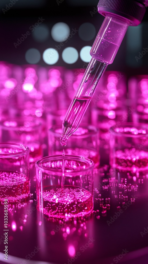 Poster close-up of pipette filling test tubes with liquid in a modern medical research lab on a bright clea