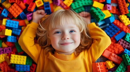 Fototapeta premium A young girl with blonde hair smiles while laying in a pile of colorful building blocks.