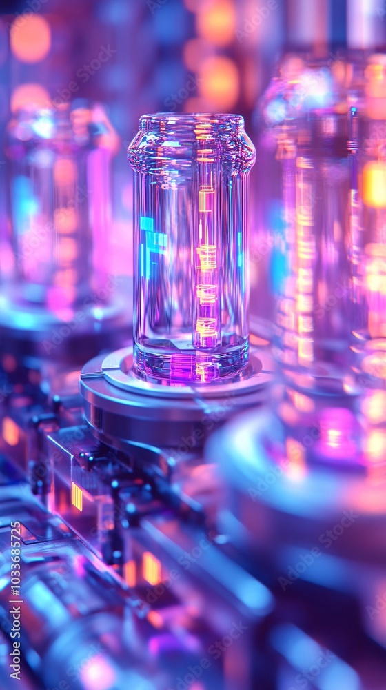 Poster Futuristic lab setup with test tubes flasks and digital devices arranged for medical experimentation Stock Photo with side copy space