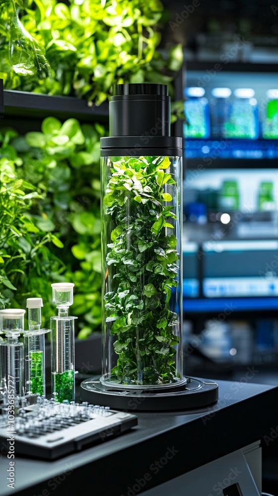 Poster Futuristic lab setup with test tubes flasks and digital devices arranged for medical experimentation Stock Photo with side copy space