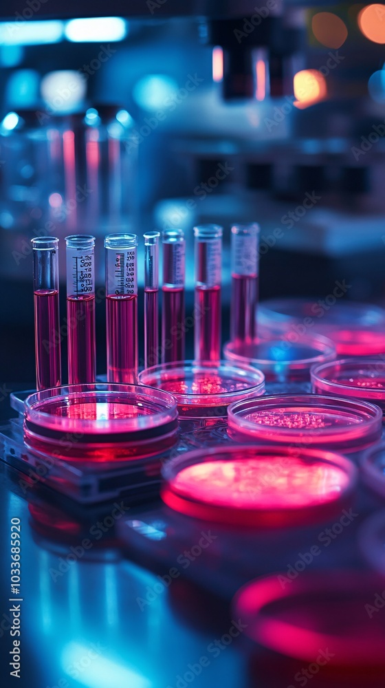 Poster petri dishes and digital measuring devices arranged on a research bench for new medical experiments 