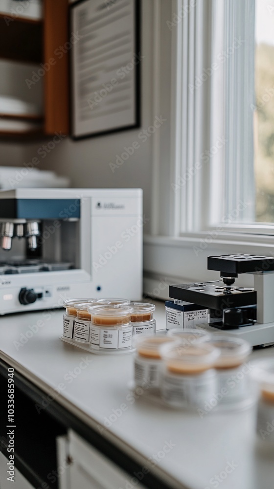 Poster petri dishes and digital measuring devices arranged on a research bench for new medical experiments 