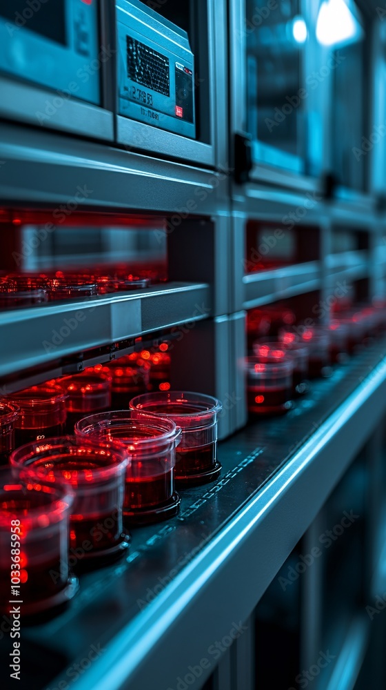 Poster petri dishes and digital measuring devices arranged on a research bench for new medical experiments 