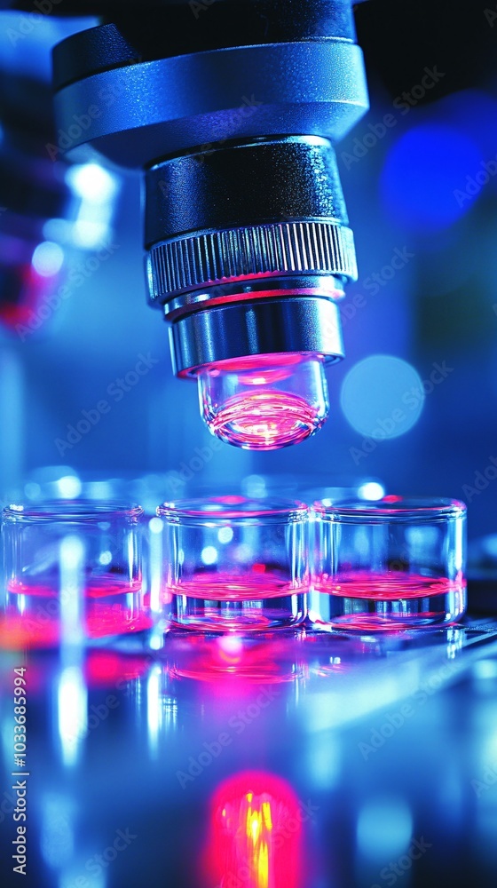 Aufkleber microscope flasks and chemical vials set up in a clean lab environment for advanced medical research