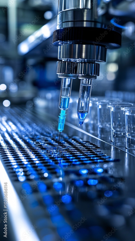 Poster Centrifuge and syringes on a lab bench for advanced medical testing and sample analysis on a sterile surface Stock Photo with side copy space