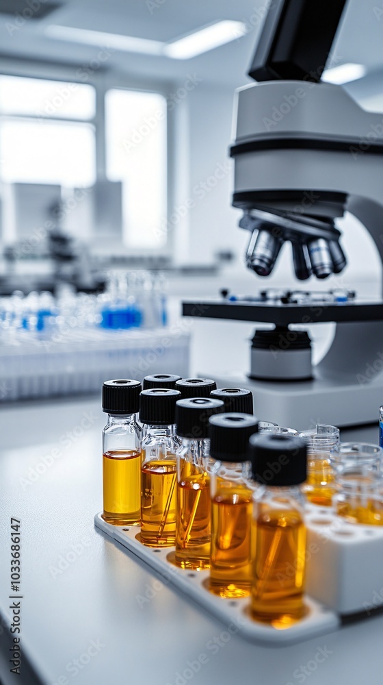 Poster Centrifuge and syringes on a lab bench for advanced medical testing and sample analysis on a sterile surface Stock Photo with side copy space