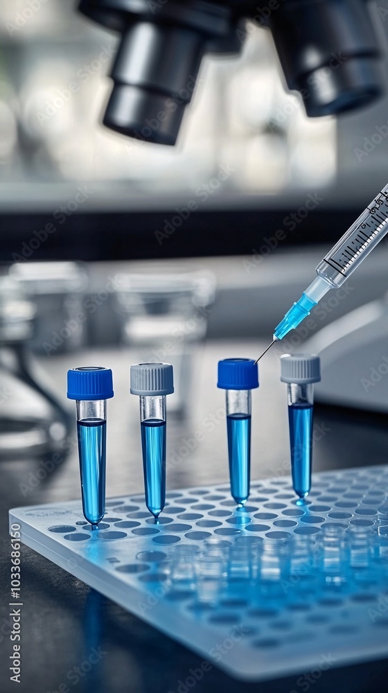 Poster Centrifuge and syringes on a lab bench for advanced medical testing and sample analysis on a sterile surface Stock Photo with side copy space