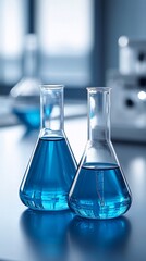 Close-up of medical research equipment including test tubes and pipettes in a bright modern laboratory Stock Photo with side copy space
