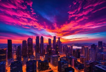 Fototapeta premium vibrant cityscape skyline sunset dark silhouettes creating rich contrast dazzling colors evening sky, buildings, horizon, dusk, architecture, light, landscape