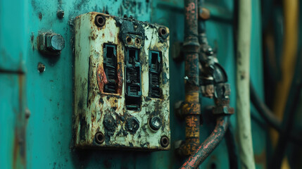 Blown fuse with scorch marks on a distribution board, indicating a short circuit incident. Wires with damaged insulation in the scene. --chaos