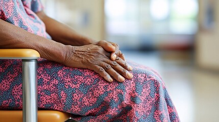 Individual in patient scrubs pressing their hand in pain while seated in a hospital setting Stock Photo with side copy space