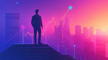 Businessman Overlooking City with Trend Graph