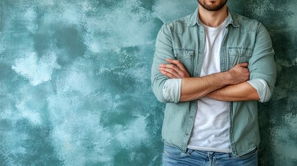Individual in a casual shirt gripping their sore hand in discomfort while standing against a light backdrop Stock Photo with side copy space