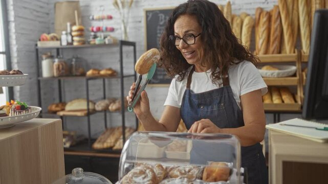 Hispanic woman working in a bakery shop arranging pastries with tongs, surrounded by various types of bread and baked goods on shelves.