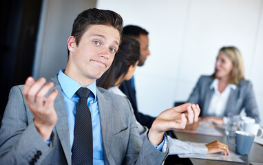 Business man, confused and question in meeting with shrug, doubt and office decision. Corporate,...