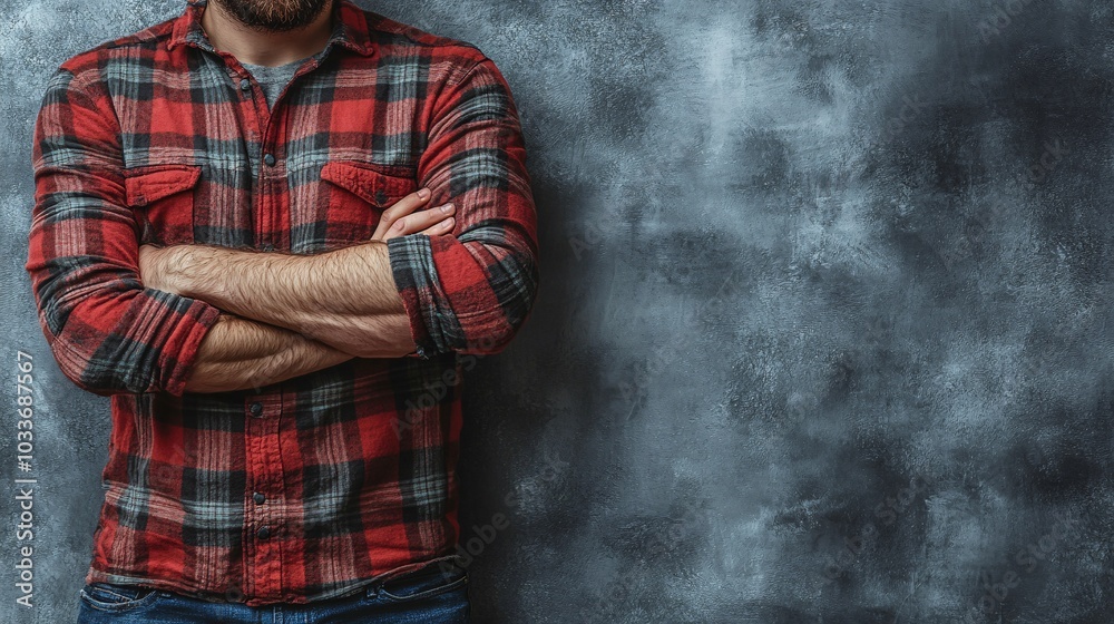Aufkleber Person in casual attire holding their arm in pain while standing with a pained expression on a light surface Stock Photo with side copy space