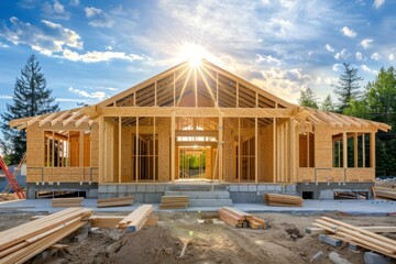 Under construction wooden timber framing in Japanese style architecture building house.