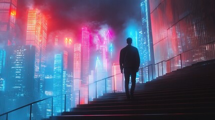 Fototapeta premium Futuristic Cityscape with Neon Lights and Silhouette