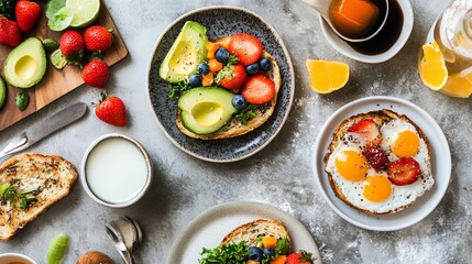 A table with various breakfast options like avocado toast, eggs, and fruit.