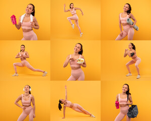A woman showcases her active lifestyle through multiple exercises, including lunges, jumps, and stretching, on a vibrant yellow background, highlighting fitness and wellness.